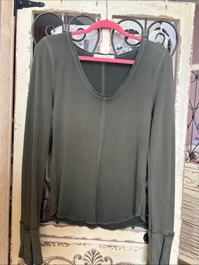 Free People Olive Waffle V-Neck Long Sleeve Top